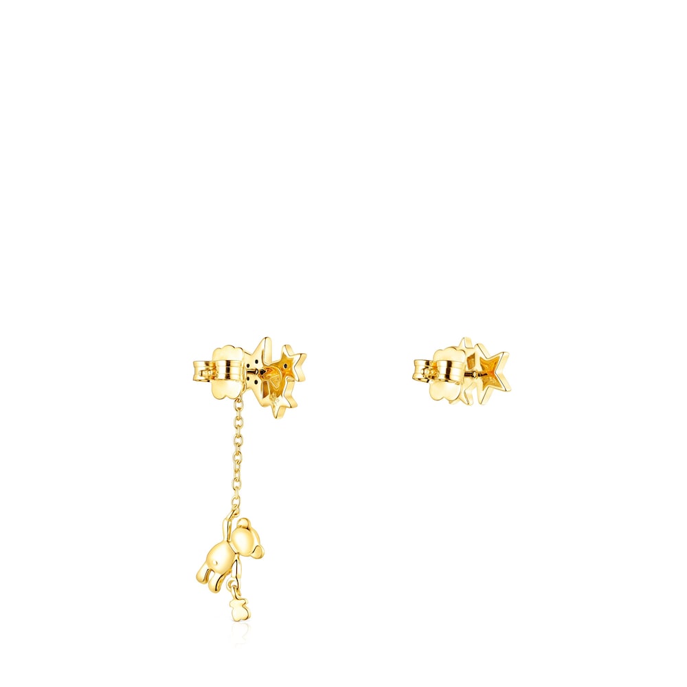 Short-long Silver Vermeil Teddy Bear Stars Earrings with Gemstones |