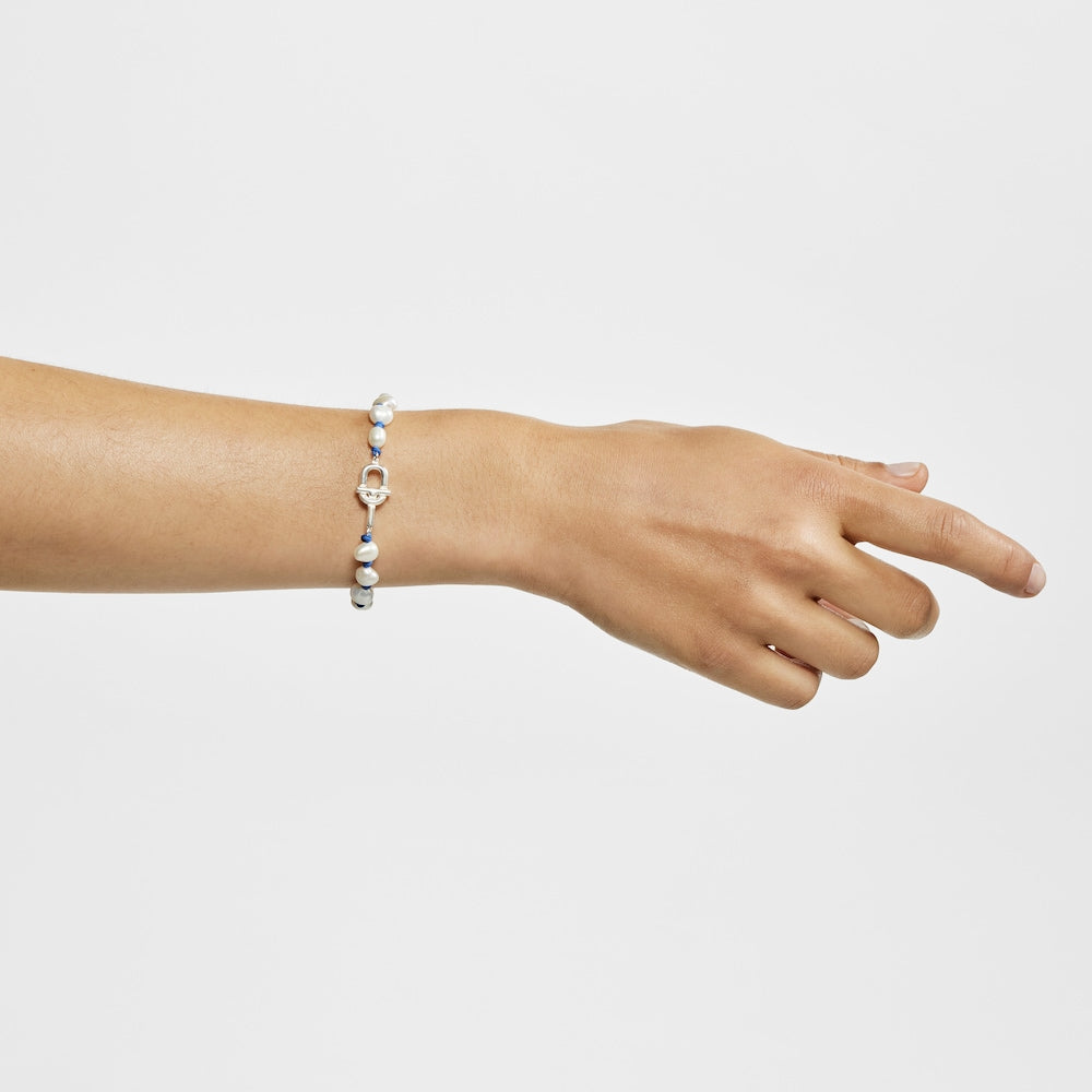 Blue nylon and silver Bracelet with cultured pearls MANIFESTO