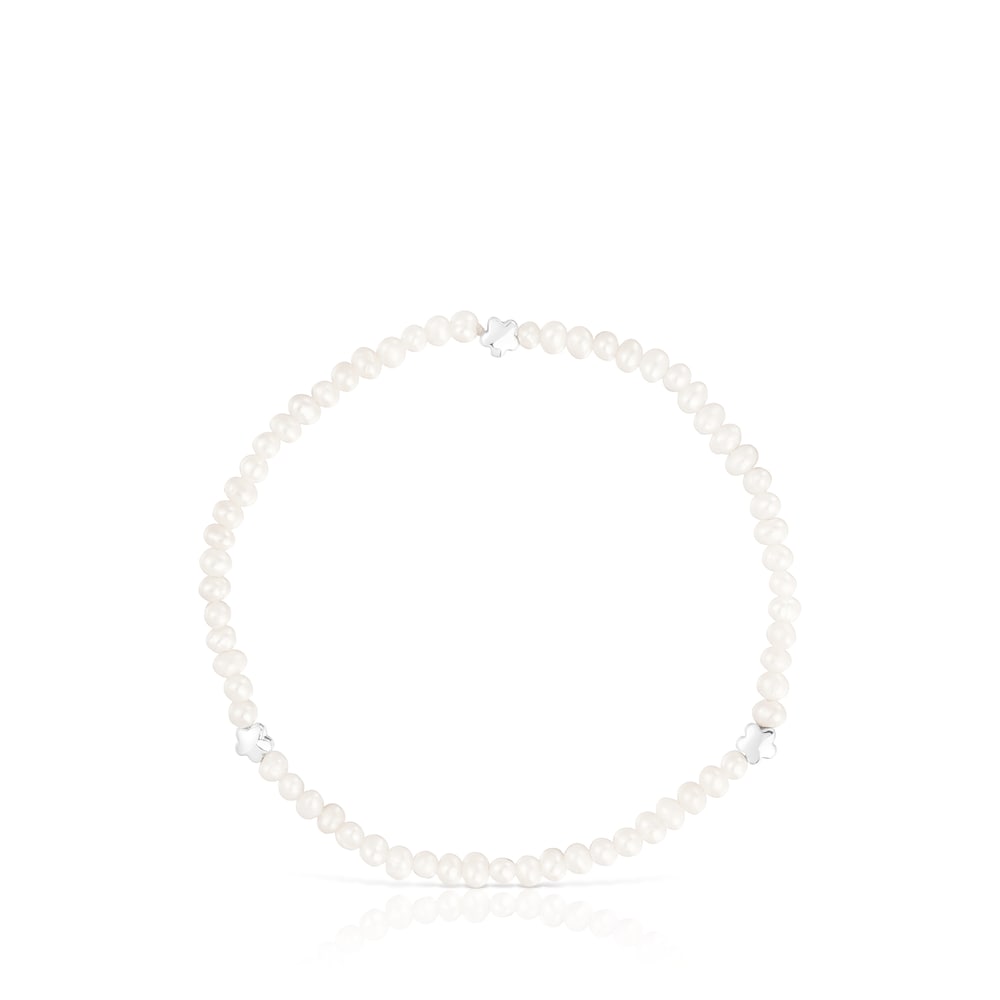 Elastic Bold Motif Bracelet with cultured pearls and flower motifs in silver |