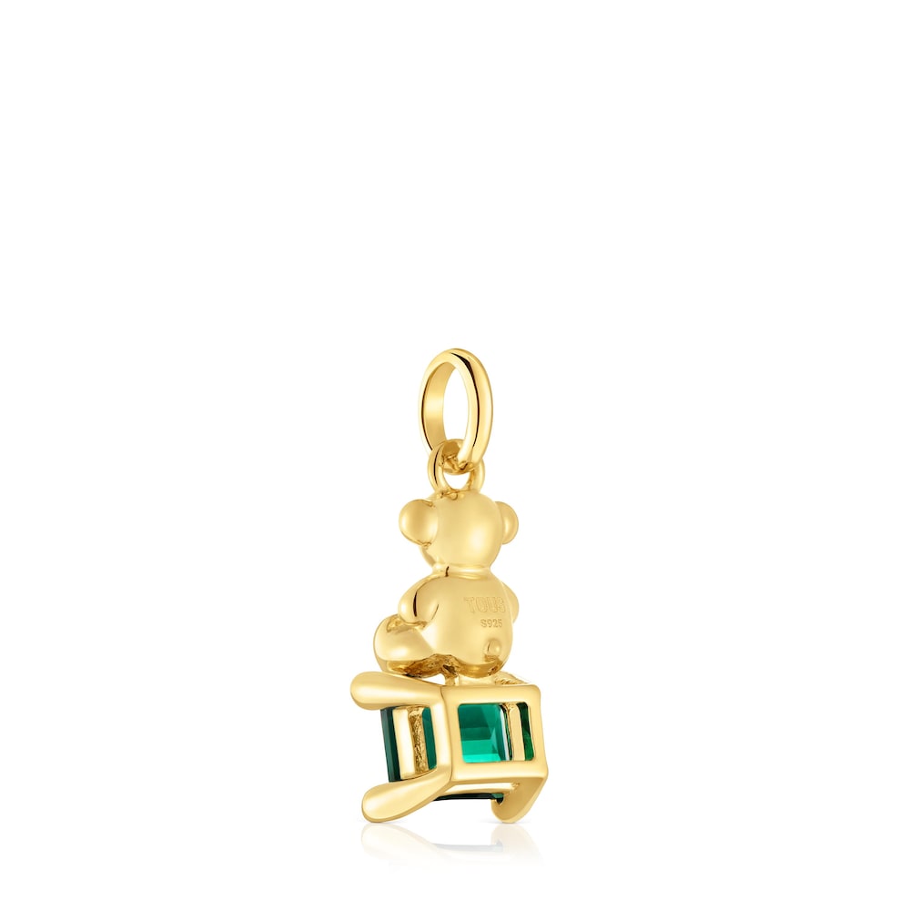 Small 18kt gold plating over silver bear motif Pendant with lab-grown green emerald Bold Bear LGG