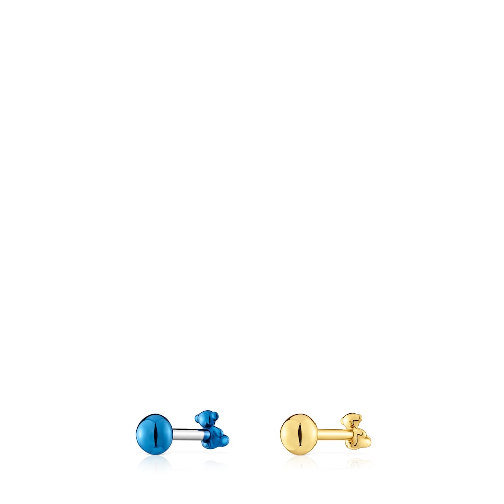 Pack of Bold Bear Ear piercings in gold-colored and blue IP steel |