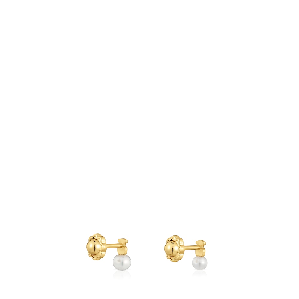 Gold Puppies Earrings with bear motif with a cultured pearl |