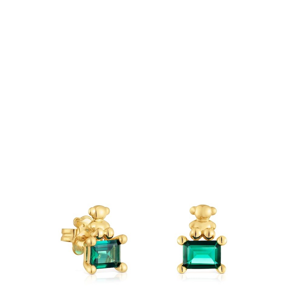 18 kt gold plating over silver bear motif Earrings with lab-grown emerald Bold Bear LGG