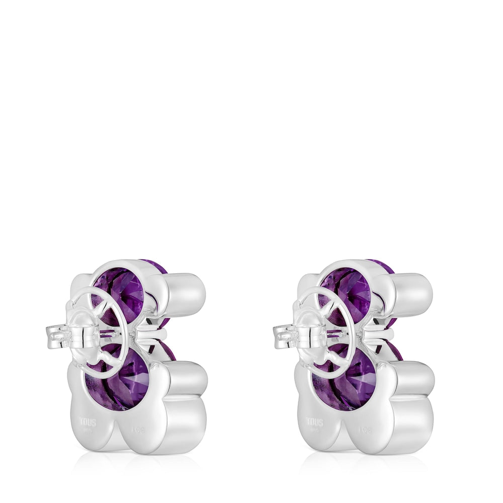 23 mm silver bear motif Earrings with lab-grown lilac sapphire Color Bear LGG