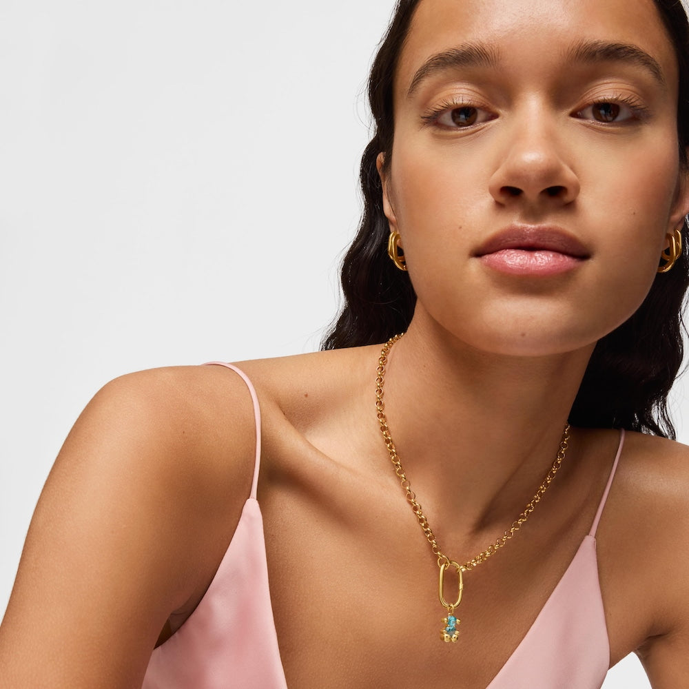 Small 18kt gold plating over silver bear motif Pendant and blue lab-grown sapphire Color Bear LGG |