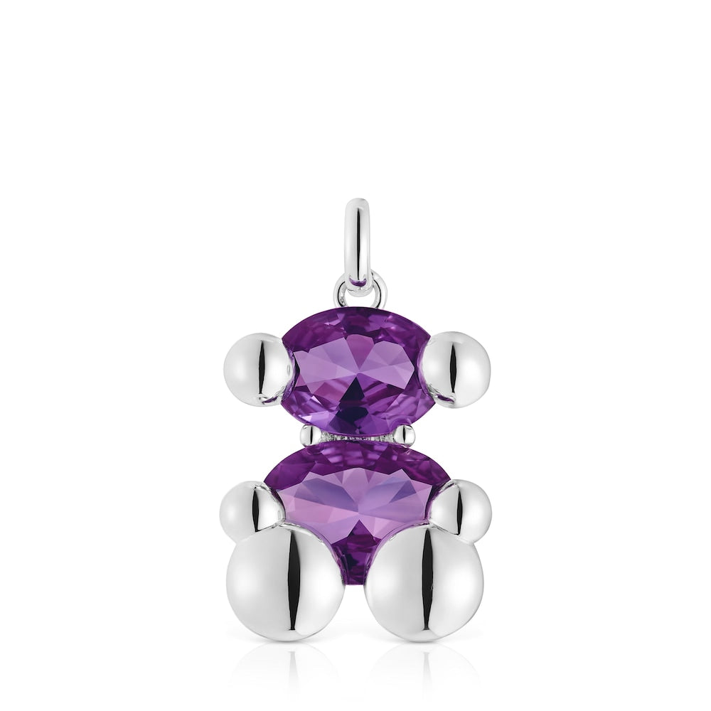 Medium silver bear motif Pendant with lab-grown lilac-colored sapphire Color Bear LGG
