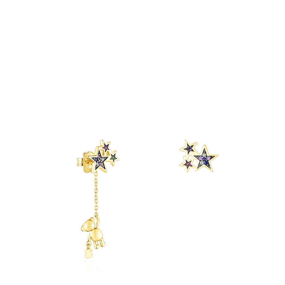Short-long Silver Vermeil Teddy Bear Stars Earrings with Gemstones |