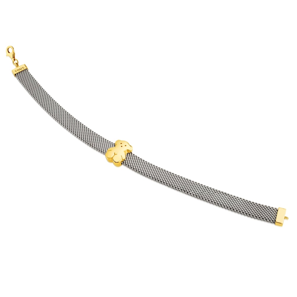 Mesh bracelet in 18kt yellow gold and steel. Size of bear 0.7 cm. Length 16cm