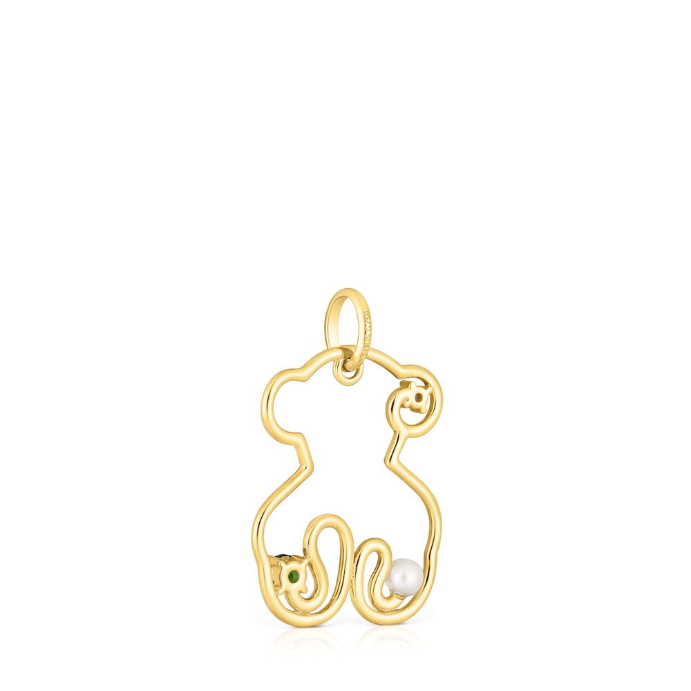 Gold Tsuri Bear pendant with gemstones and a cultured pearl |