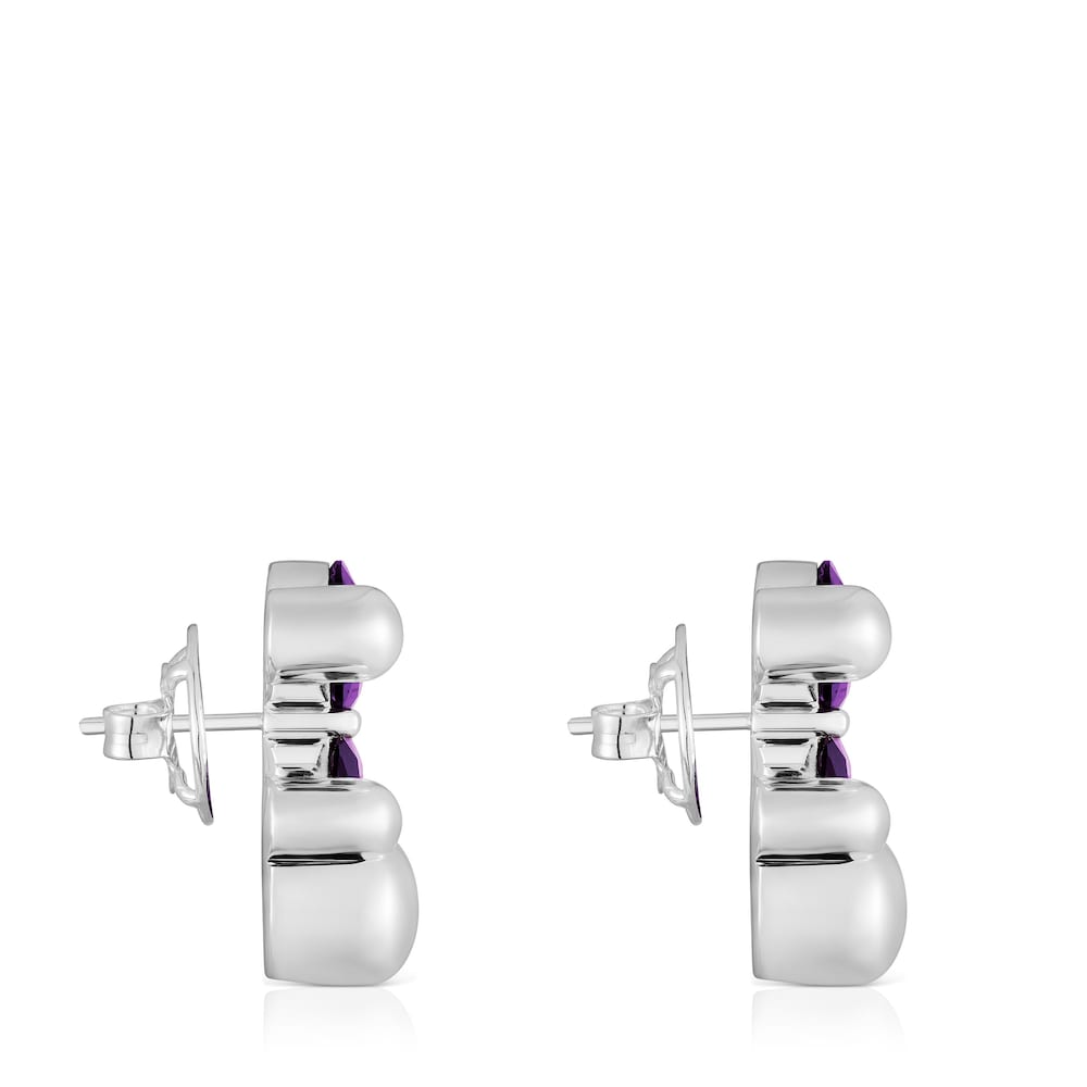 23 mm silver bear motif Earrings with lab-grown lilac sapphire Color Bear LGG