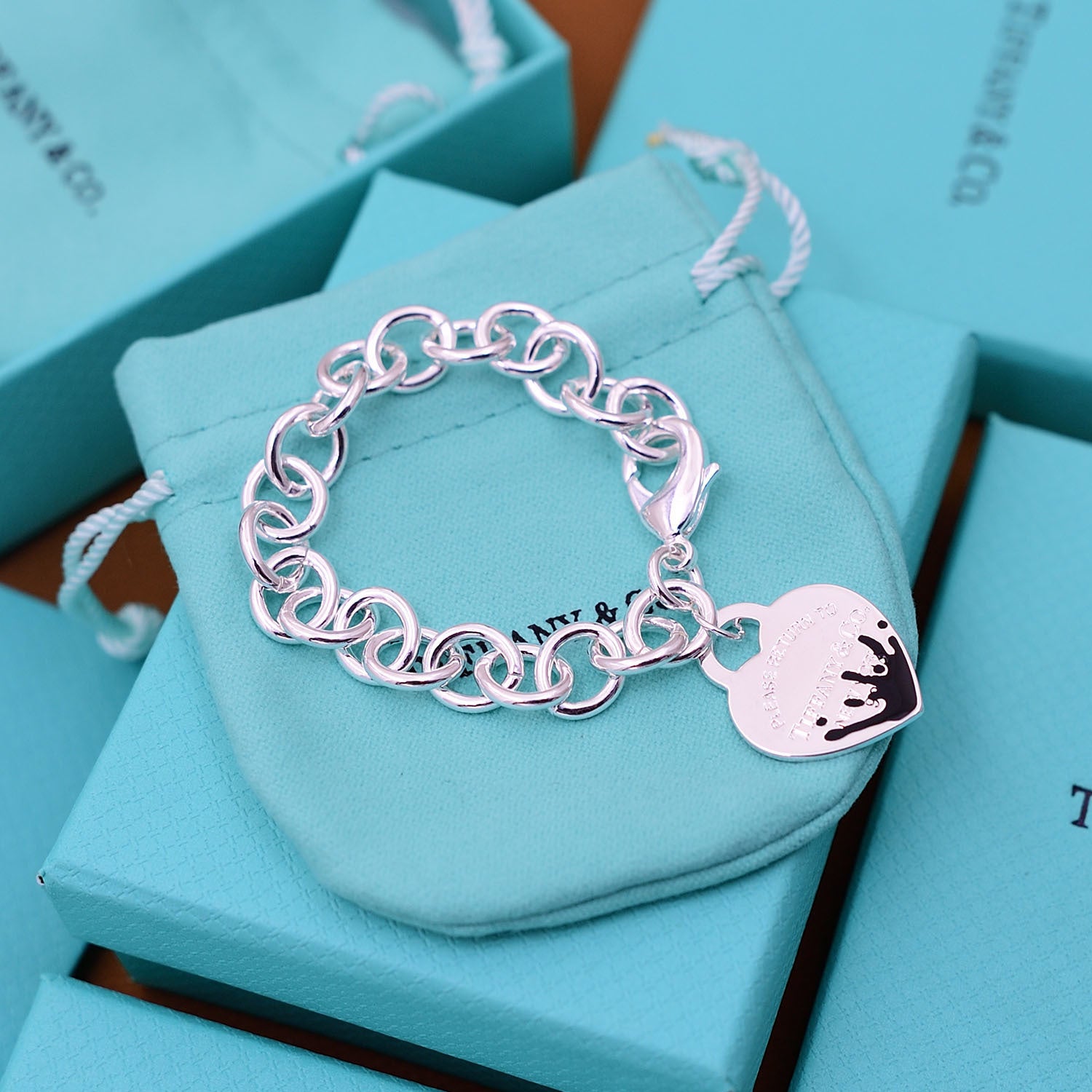 Return to Tiffany Heart black Tag Charm Bracelet in Sterling  Silver