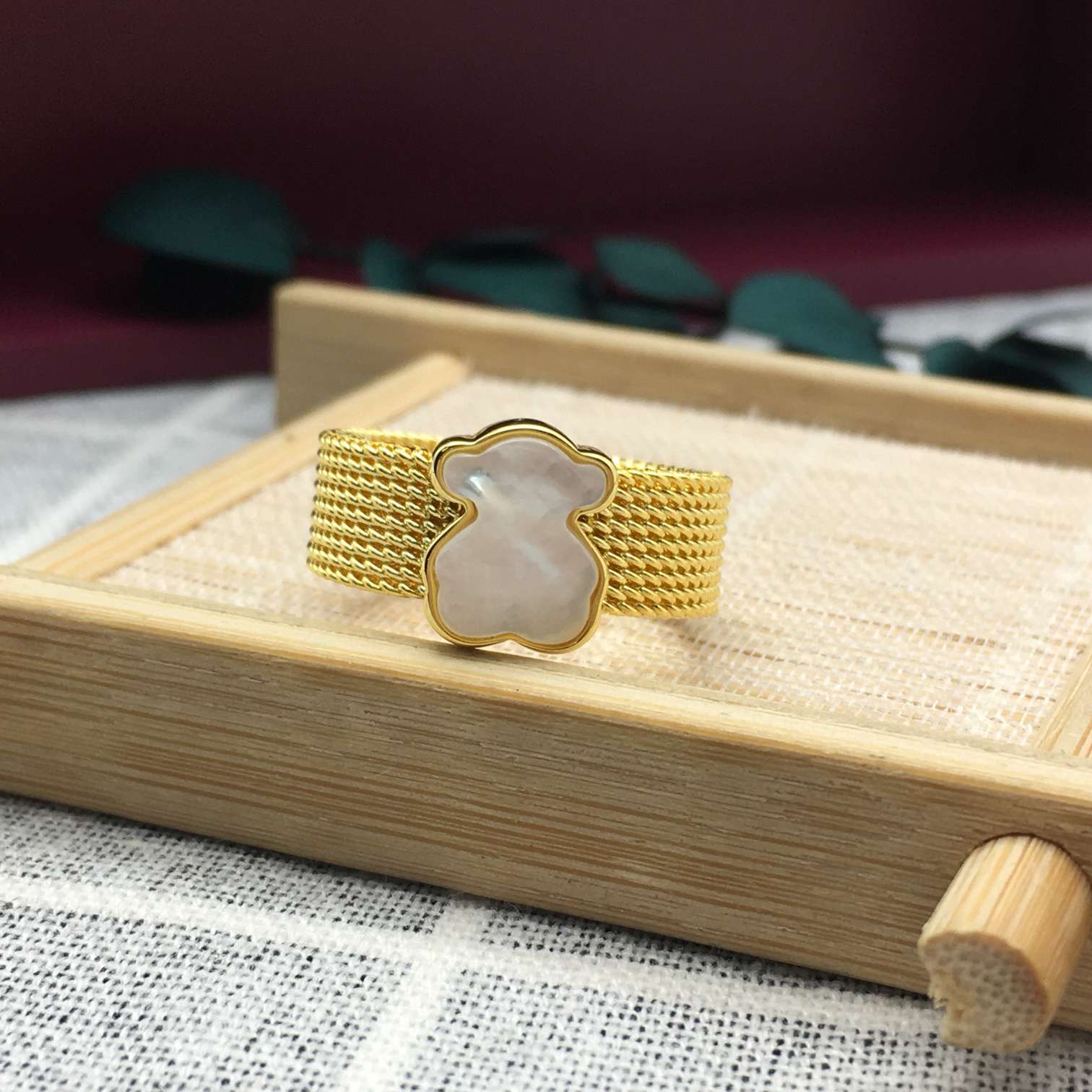 IP Steel Mesh Color Ring with Howlite Bear motif