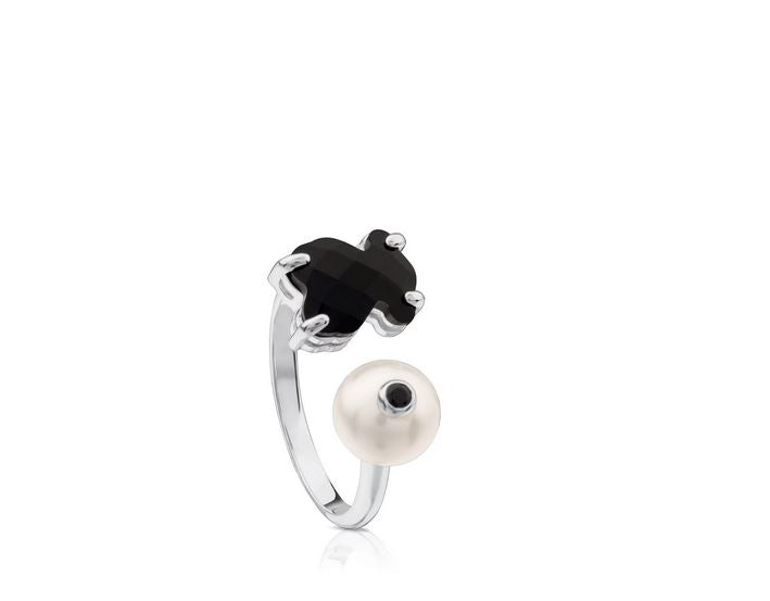 Silver  Erma Ring with onyx, pearl and spinels