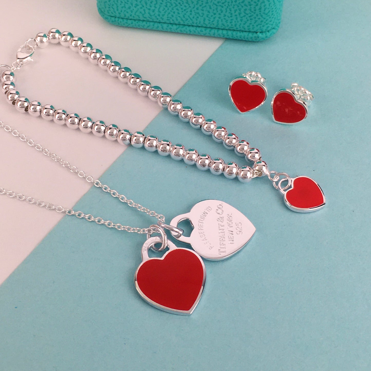 Set of Tiffany & Co Return to Tiffany Small Red Heart  Stud Earrings Silver  Necklace earrings Bracelet
