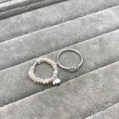 Silver and cultured pearls Mini Icons heart and bear Ring set