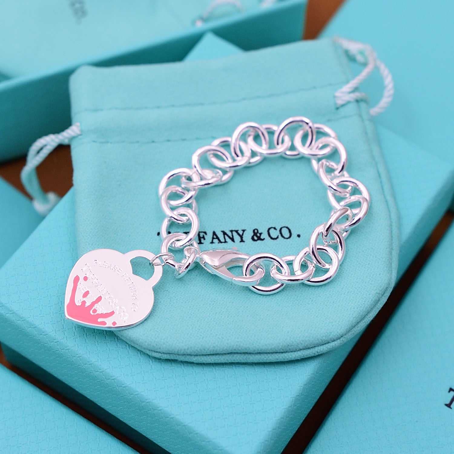 Return to Tiffany Heart pink Tag Charm Bracelet in Sterling  Silver
