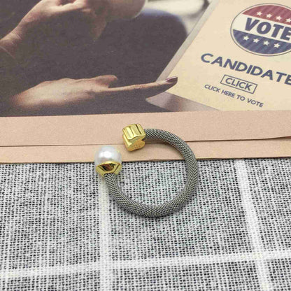 Steel and Gold Icon Mesh Ring with Pearl Bear motif