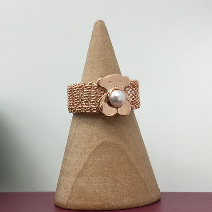 Wide rose IP Steel and Rose Silver Vermeil  Real Sisy Ring with Pearl