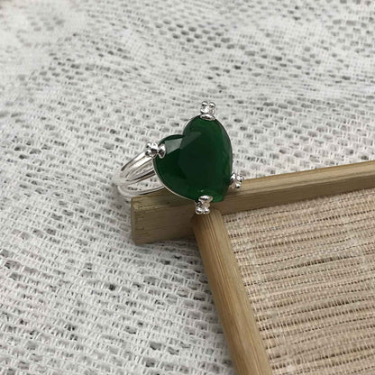 Silver green Pills Heart ring with treated chalcedony