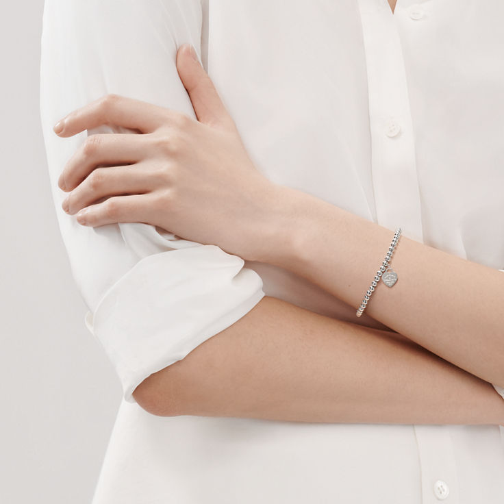 Return to Tiffany® Pink Mini Heart Bead Bracelet in Silver with a Diamond, 4 mm