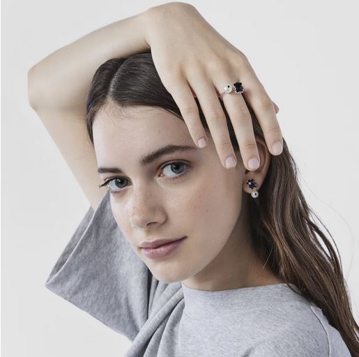 Silver  Erma Ring with onyx, pearl and spinels