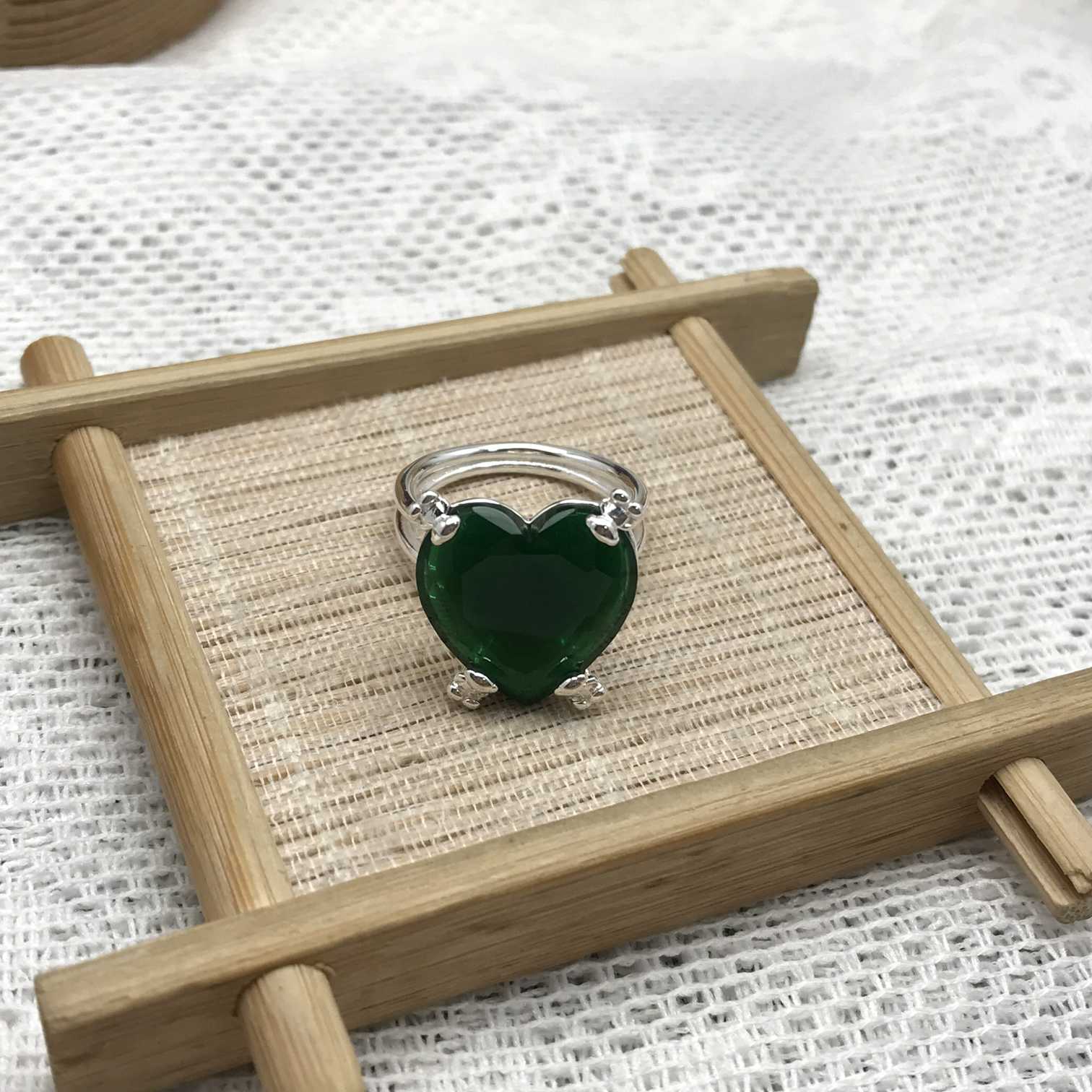 Silver green Pills Heart ring with treated chalcedony