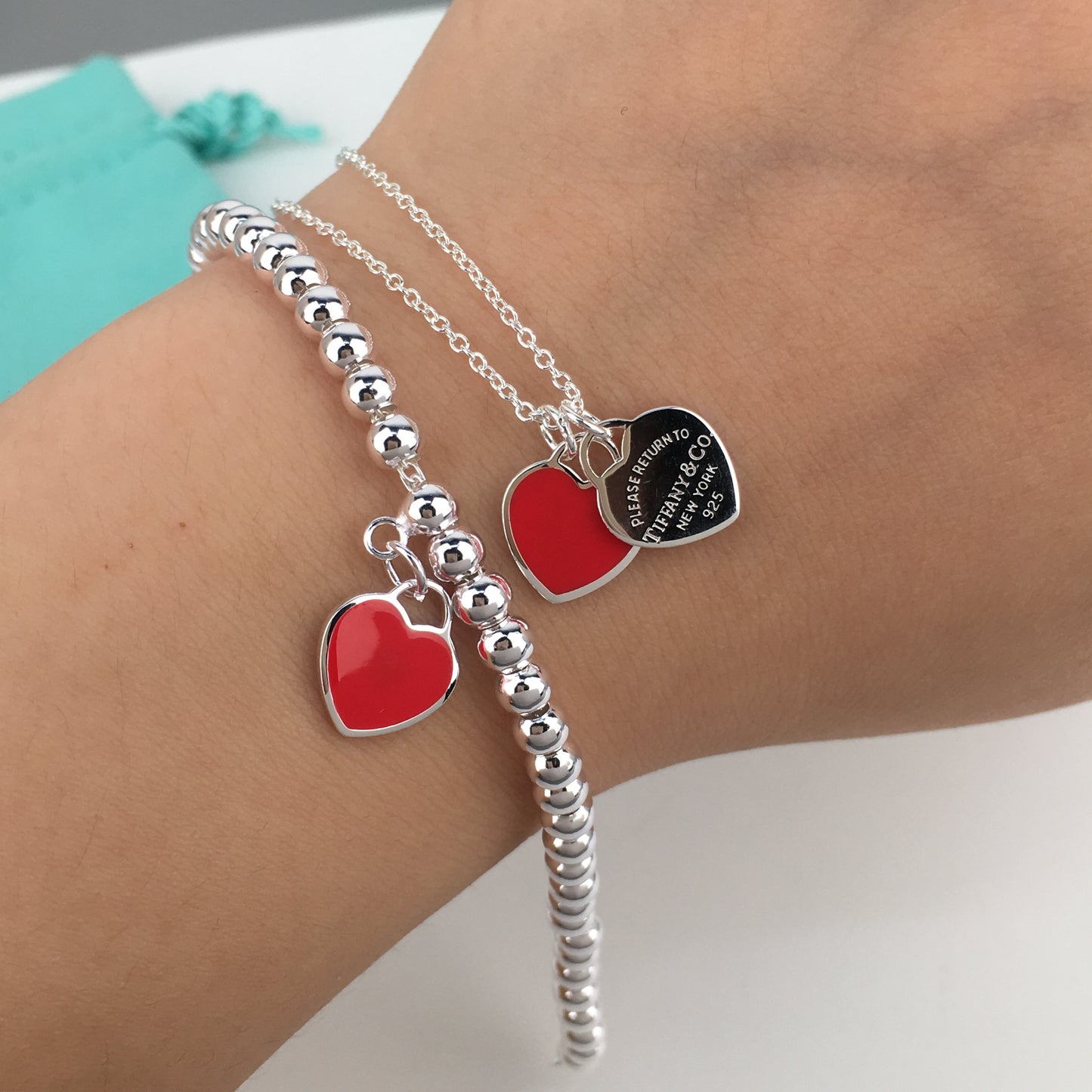 Set of Tiffany & Co Return to Tiffany Small Red Heart  Stud Earrings Silver  Necklace earrings Bracelet