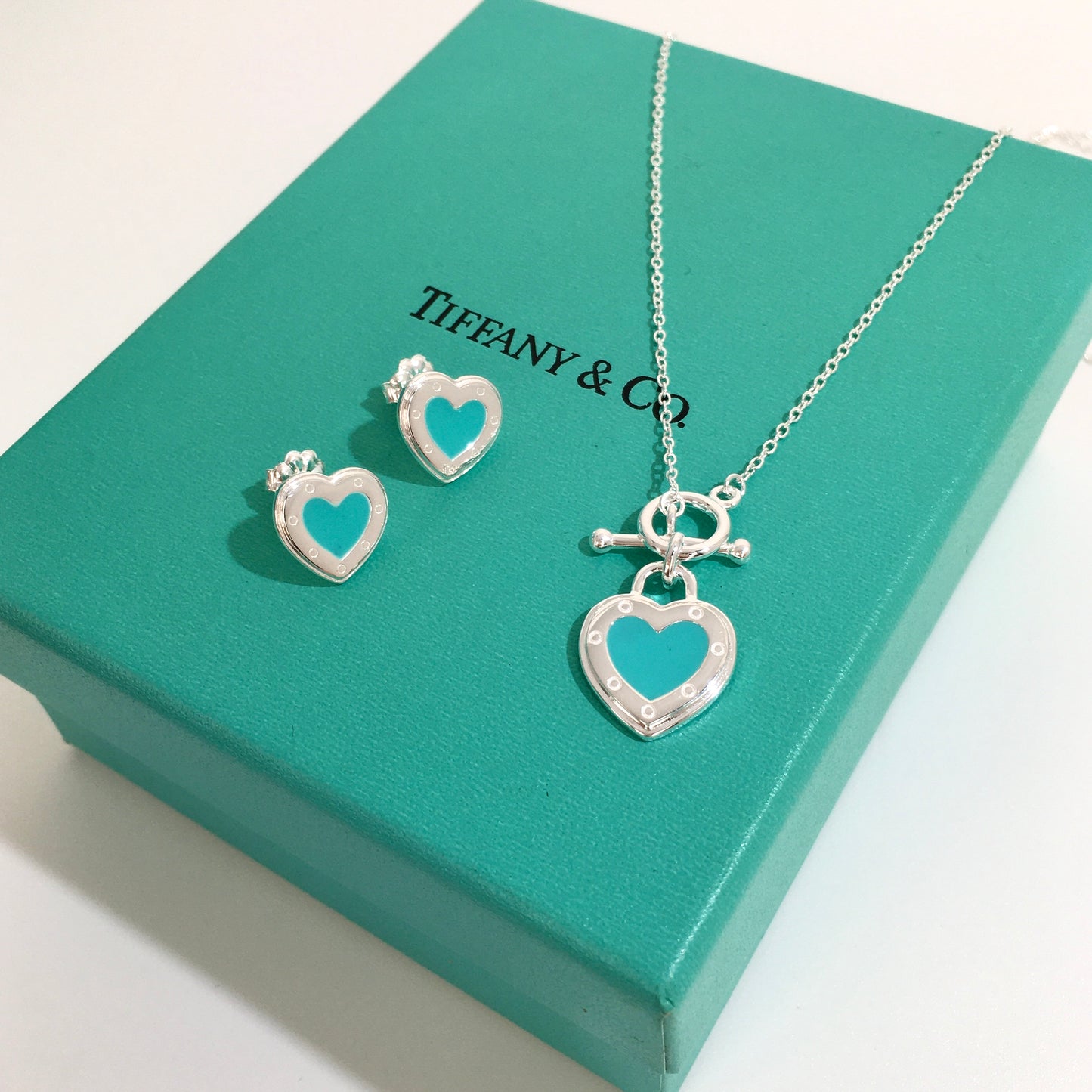 Set of Tiffany & Co Return to Tiffany Small blue Heart  Stud Earrings Silver Necklace earrings Bracelets