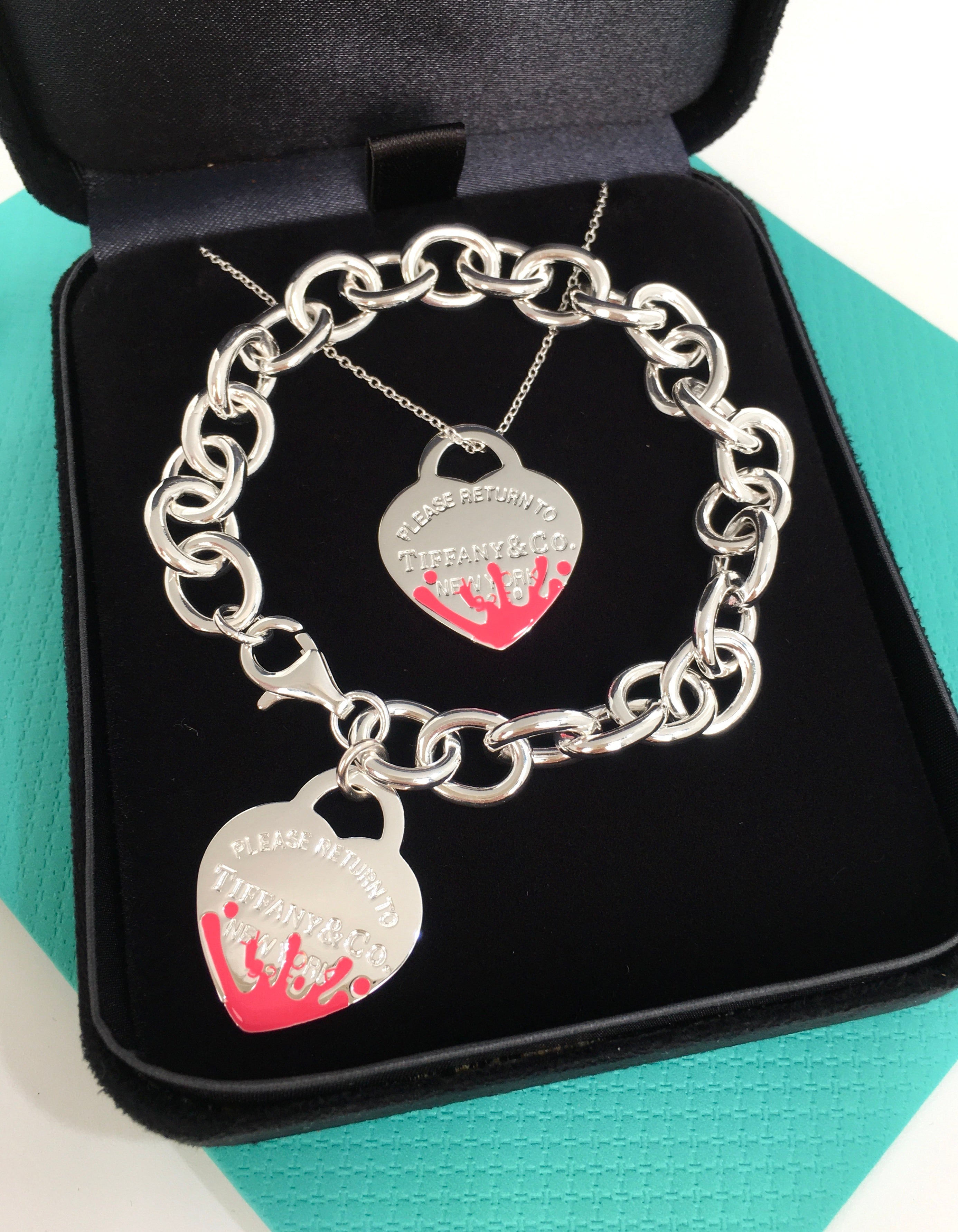 Return to Tiffany pink Enamel Color Splash Heart Tag Charm Bracelet and necklace