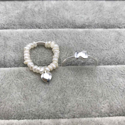 Silver and cultured pearls Mini Icons heart and bear Ring set