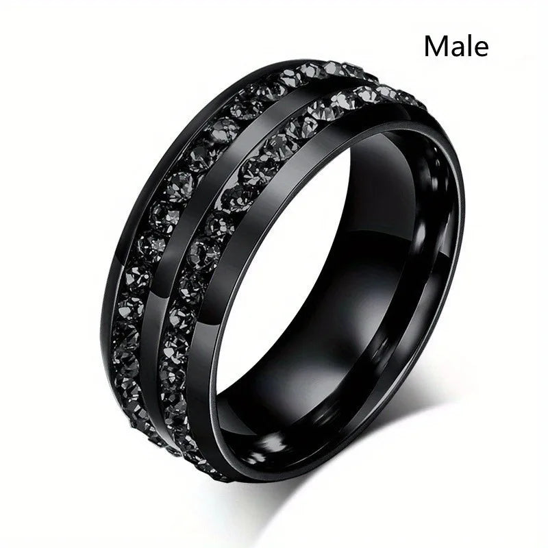 Trendy Couple Rings Women Black Heart Crystal CZ Rings Set Men's Two Rows Black CZ Stone Stainless Steel Ring Wedding Jewelry