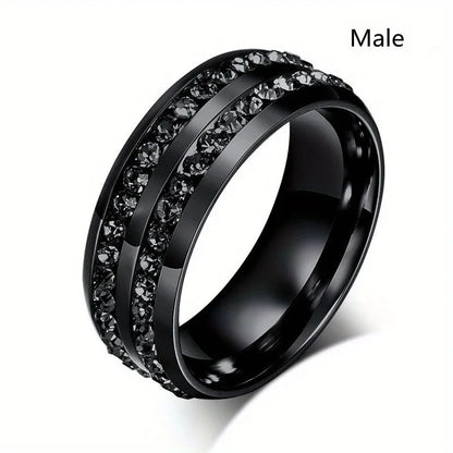 Trendy Couple Rings Women Black Heart Crystal CZ Rings Set Men's Two Rows Black CZ Stone Stainless Steel Ring Wedding Jewelry