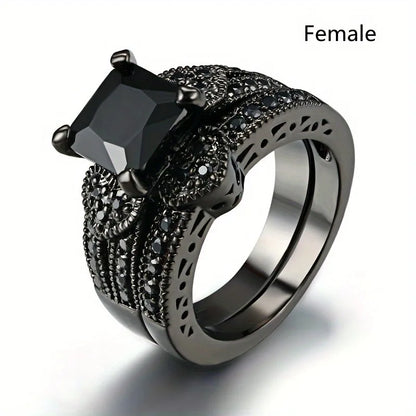Trendy Couple Rings Women Black Heart Crystal CZ Rings Set Men's Two Rows Black CZ Stone Stainless Steel Ring Wedding Jewelry