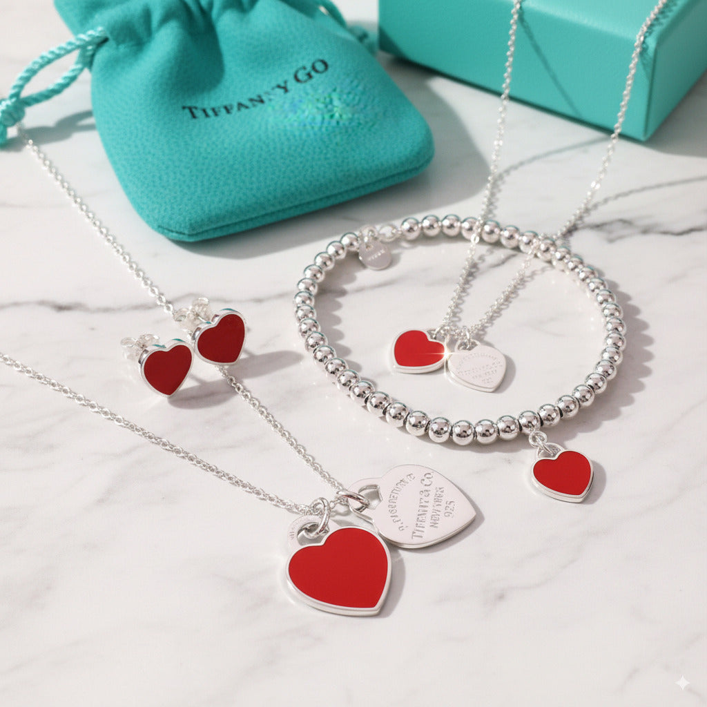 Set of Tiffany & Co Return to Tiffany Small Red Heart  Stud Earrings Silver  Necklace earrings Bracelet