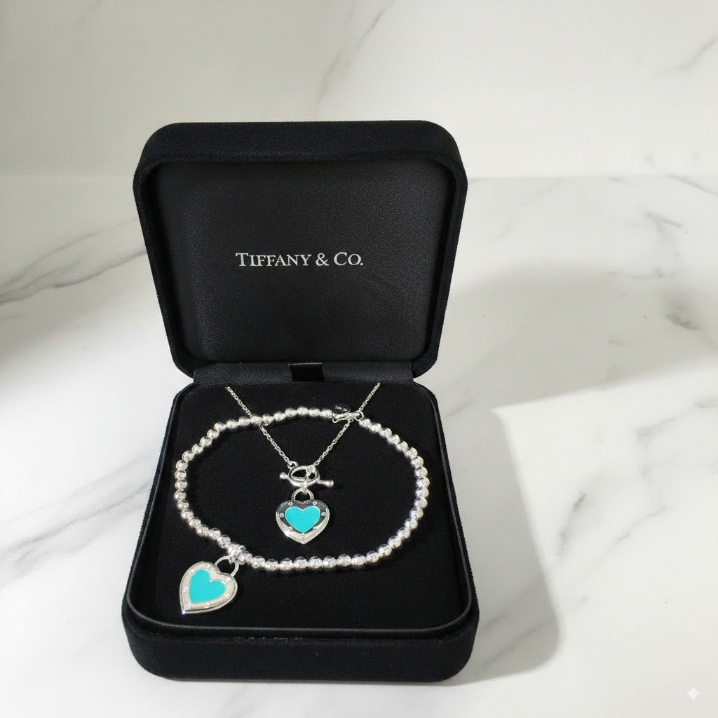 Set of Tiffany & Co Return to Tiffany Small blue Heart  Stud Earrings Silver Necklace earrings Bracelets