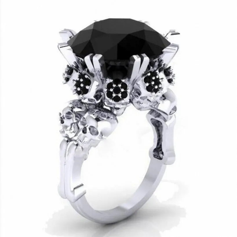 10KT White Gold Skull Ring with 4CT Black Obsidian: Unique Punk Jewelry for Women & Men