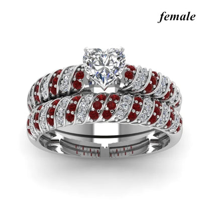 Fashion Couple Rings Women Heart White Crystal CZ Rings Set Men's Red Wood Inlay Stainless Steel Ring Wedding Band Jewelry