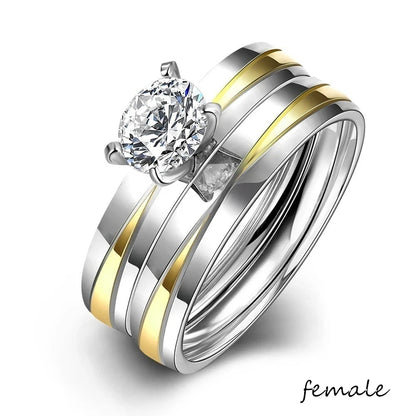Couple Rings Women White Crystal Rhinestones Rings Set Men Stainless Steel Rings Wedding Band Jewelry Gifts For Lover