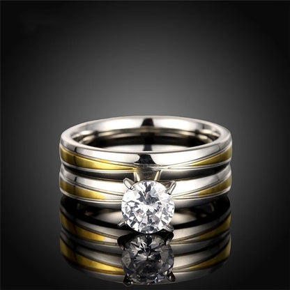 Couple Rings Women White Crystal Rhinestones Rings Set Men Stainless Steel Rings Wedding Band Jewelry Gifts For Lover