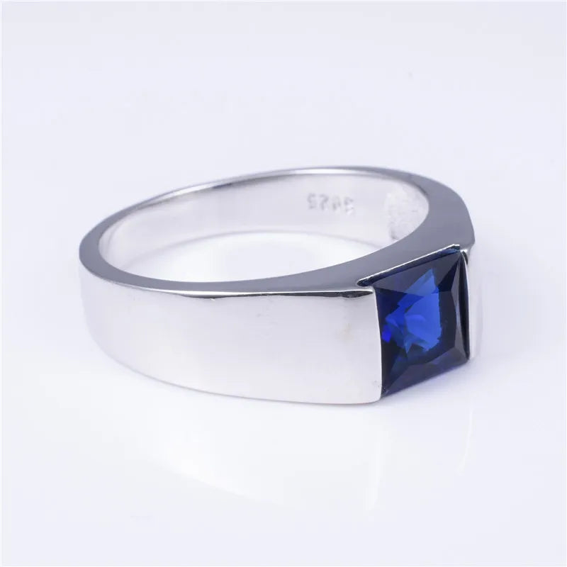 Eternity Ring for Men: 925 Sterling Silver, Square Blue Sapphire, Solitaire, Sizes 8-12 | Genuine Gemstone