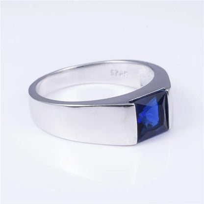 Eternity Ring for Men: 925 Sterling Silver, Square Blue Sapphire, Solitaire, Sizes 8-12 | Genuine Gemstone