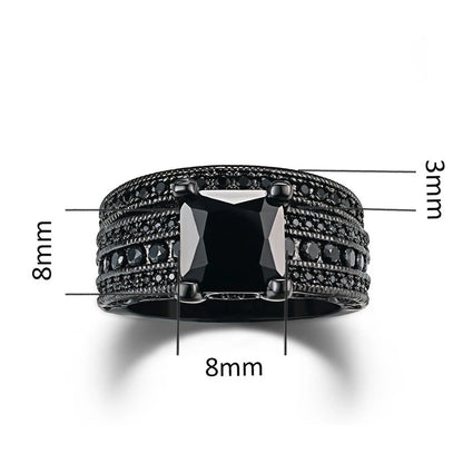 Couple  Lovers Rings Women's Black Zircon Engagement Ring Set Men's Stainless Steel Wedding Band Anniversary Gift