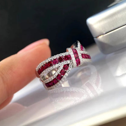 Natural Ruby Bow Gemstone Ring S925 Sterling Silver Romantic Woman Anniversary Party High Jewelry