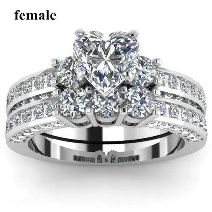 Trendy Rings Women's Heart White Crystal Rhinestones Rings Set Men's CZ Stainless Steel Ring Wedding Engagement Jewelry