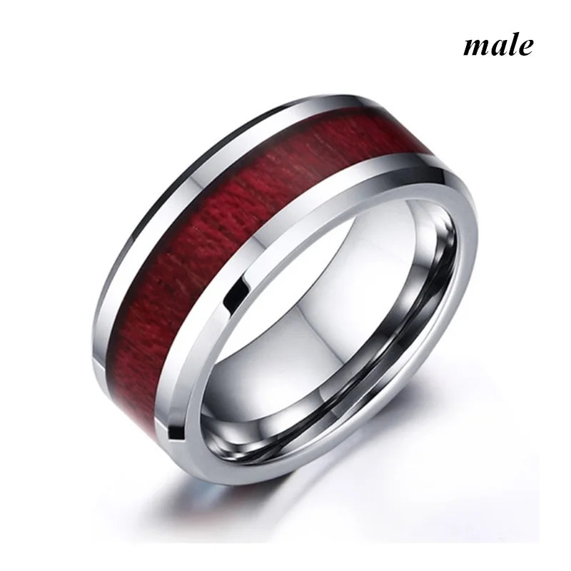 Fashion Couple Rings Women Heart White Crystal CZ Rings Set Men's Red Wood Inlay Stainless Steel Ring Wedding Band Jewelry