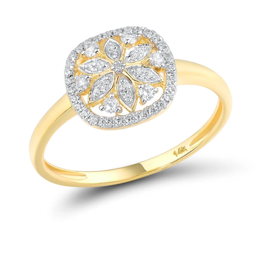 Genuine 14K 585 Yellow Gold Ring For Women Sparkling Diamond Flower Ring Delicate Wedding Engagement Trendy Fine Jewelry