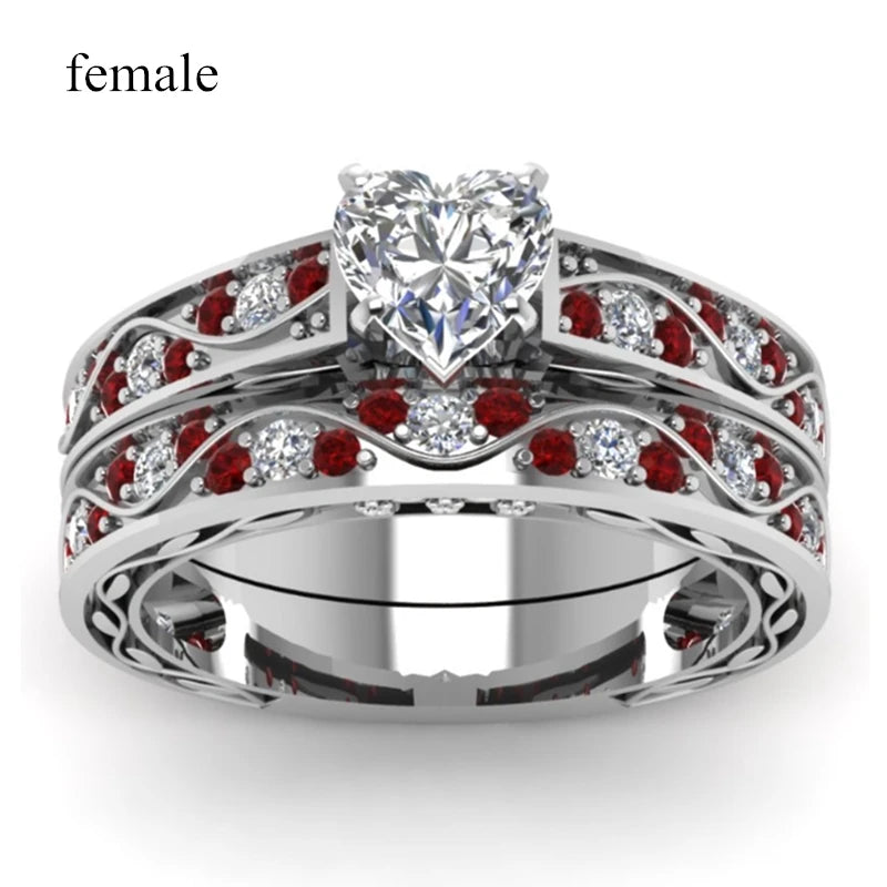 Fashion Couple Rings Women Heart White Crystal CZ Rings Set Red Wood Inlay Men's Stainless Steel Ring Wedding Band Jewelry Gift