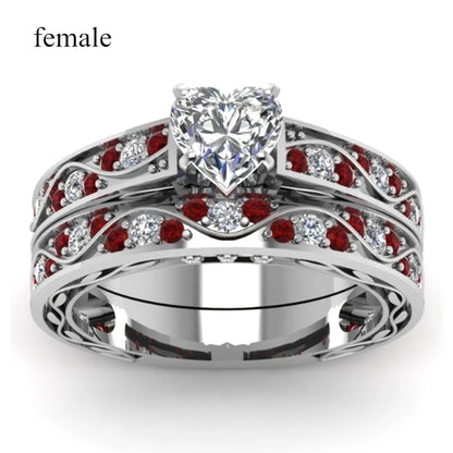 Fashion Couple Rings Women Heart White Crystal CZ Rings Set Red Wood Inlay Men's Stainless Steel Ring Wedding Band Jewelry Gift