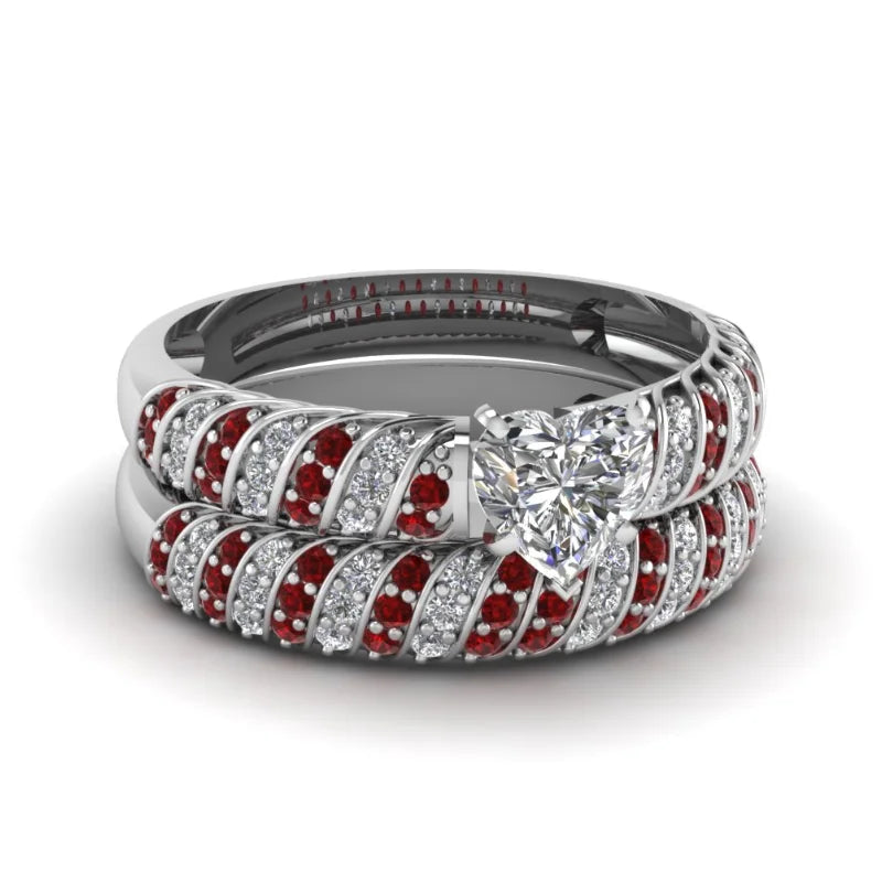 Fashion Couple Rings Women Heart White Crystal CZ Rings Set Men's Red Wood Inlay Stainless Steel Ring Wedding Band Jewelry