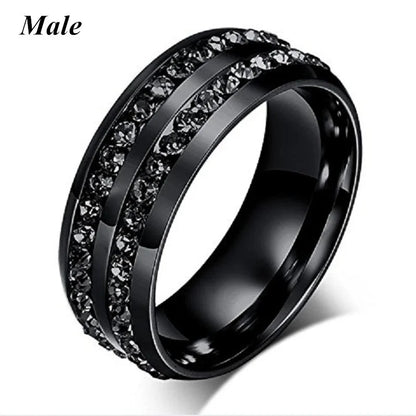 Trendy Couple Rings Women Black Heart Crystal CZ Rings Set Men's Two Rows Black CZ Stone Stainless Steel Ring Wedding Jewelry